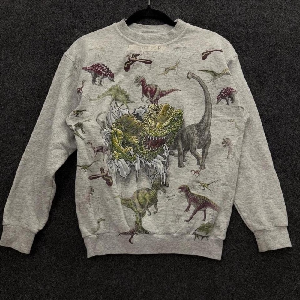 Northern Getaway Dinosaur Graphic Sweatshirt Mens S Gray All Over Dino Crewneck